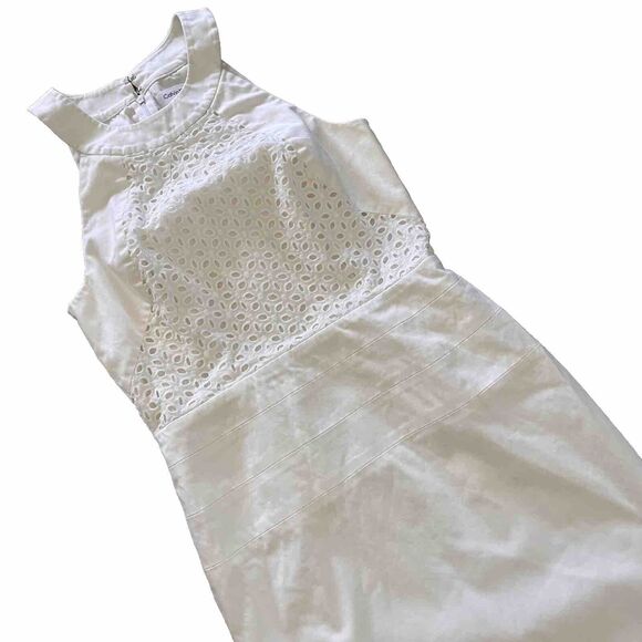 Calvin Klein 100% Cotton White Eyelet Sheath Halter Neck Dress Size 4 - Picture 1 of 5
